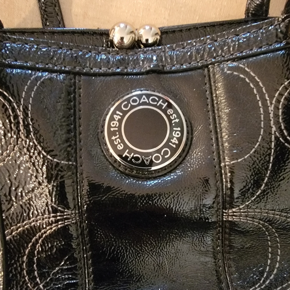 Coach Black Patent Leather Logo Carryall Purse Bag - Picture 11 of 11